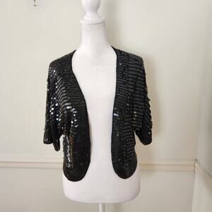 Y2K Bloomingdales Bolero Shrug Cardigan Sz Large Crop Sequin Black Fairy Grunge